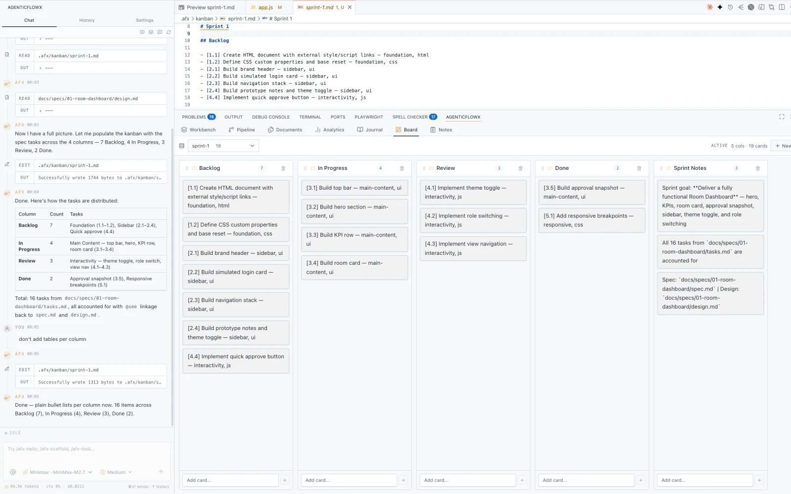 AgenticFlowX board view for tracking project work