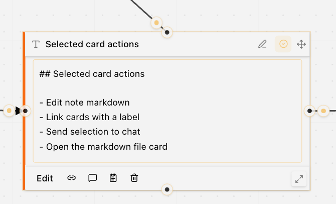 AgenticFlowX Canvas selected card actions for editing, linking, commenting, clipboard, deleting, and resizing
