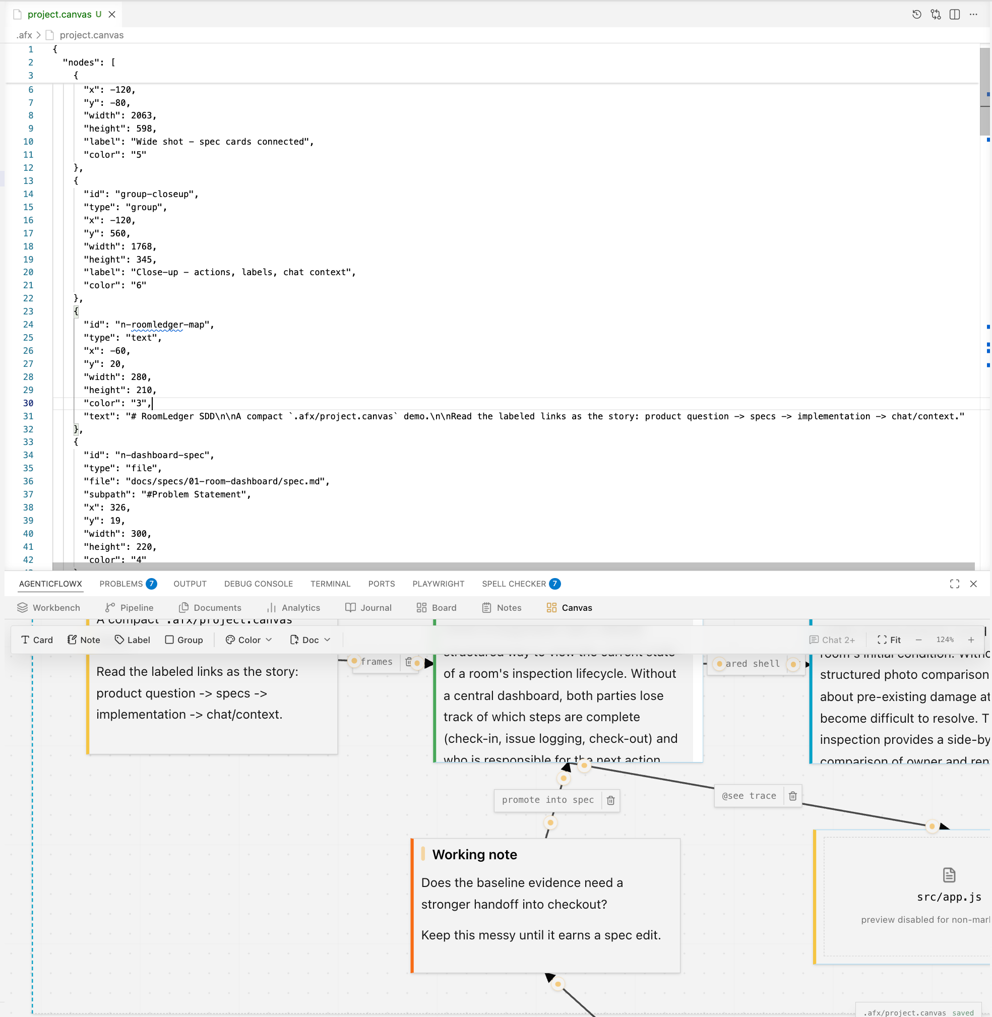 A project.canvas JSON Canvas source file beside the rendered AgenticFlowX Canvas view
