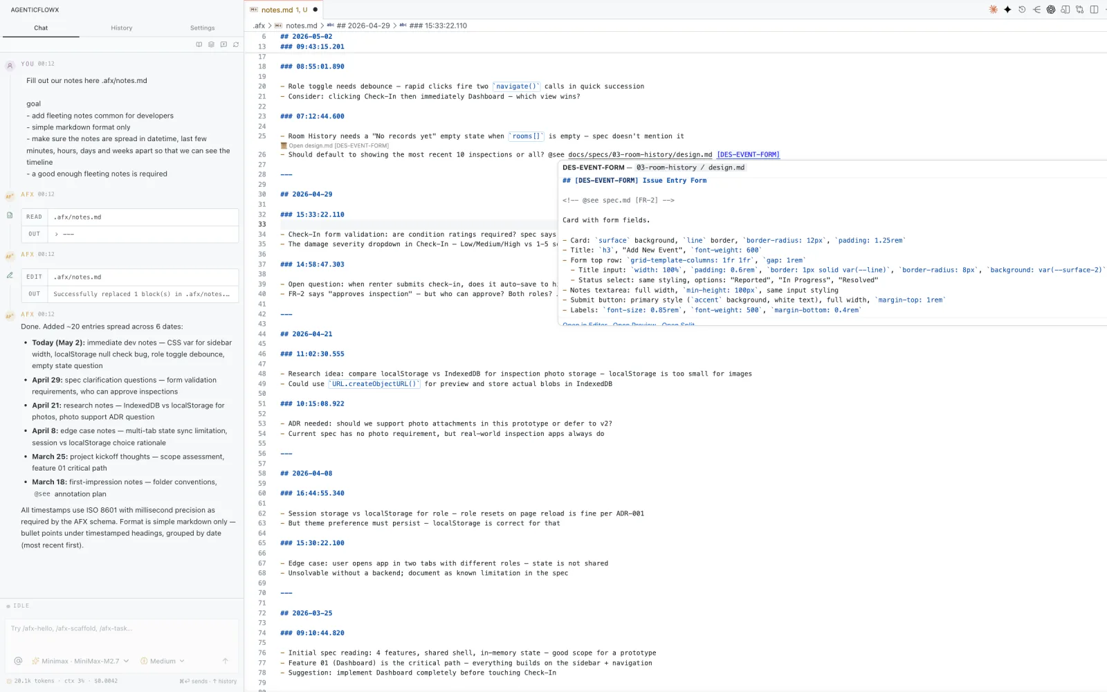 Editor showing @see CodeLens hover preview — a notes.md file with an @see annotation, and the linked design.md DES-EVENT-FORM section open as an inline preview
