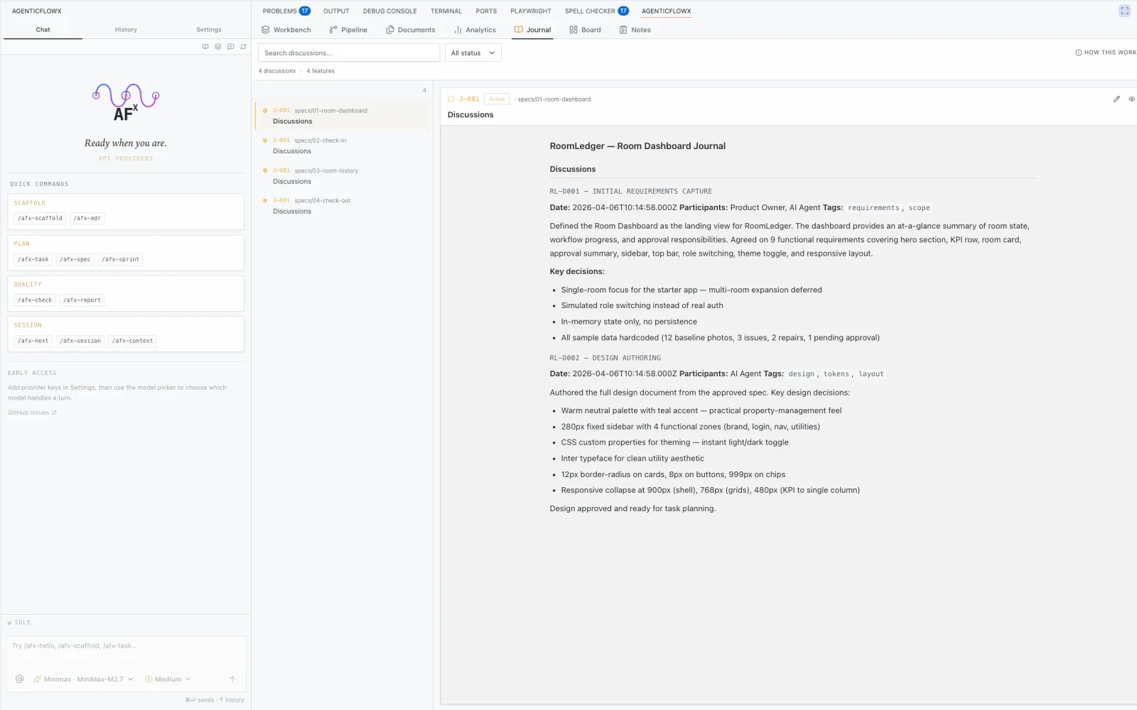 AgenticFlowX journal view for project history and session captures