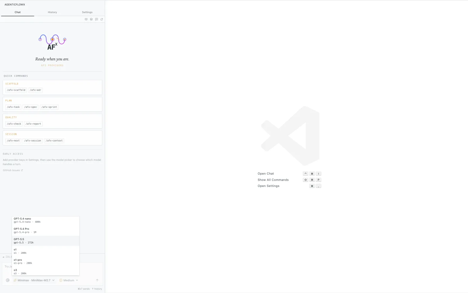 AgenticFlowX chat panel showing bundled /afx commands