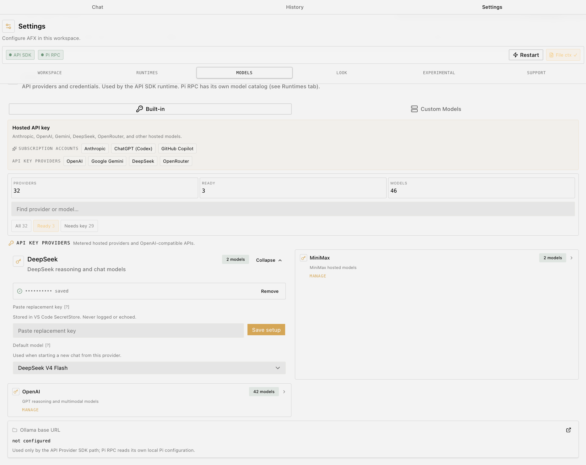 AgenticFlowX Settings showing a saved API key provider and default model selection
