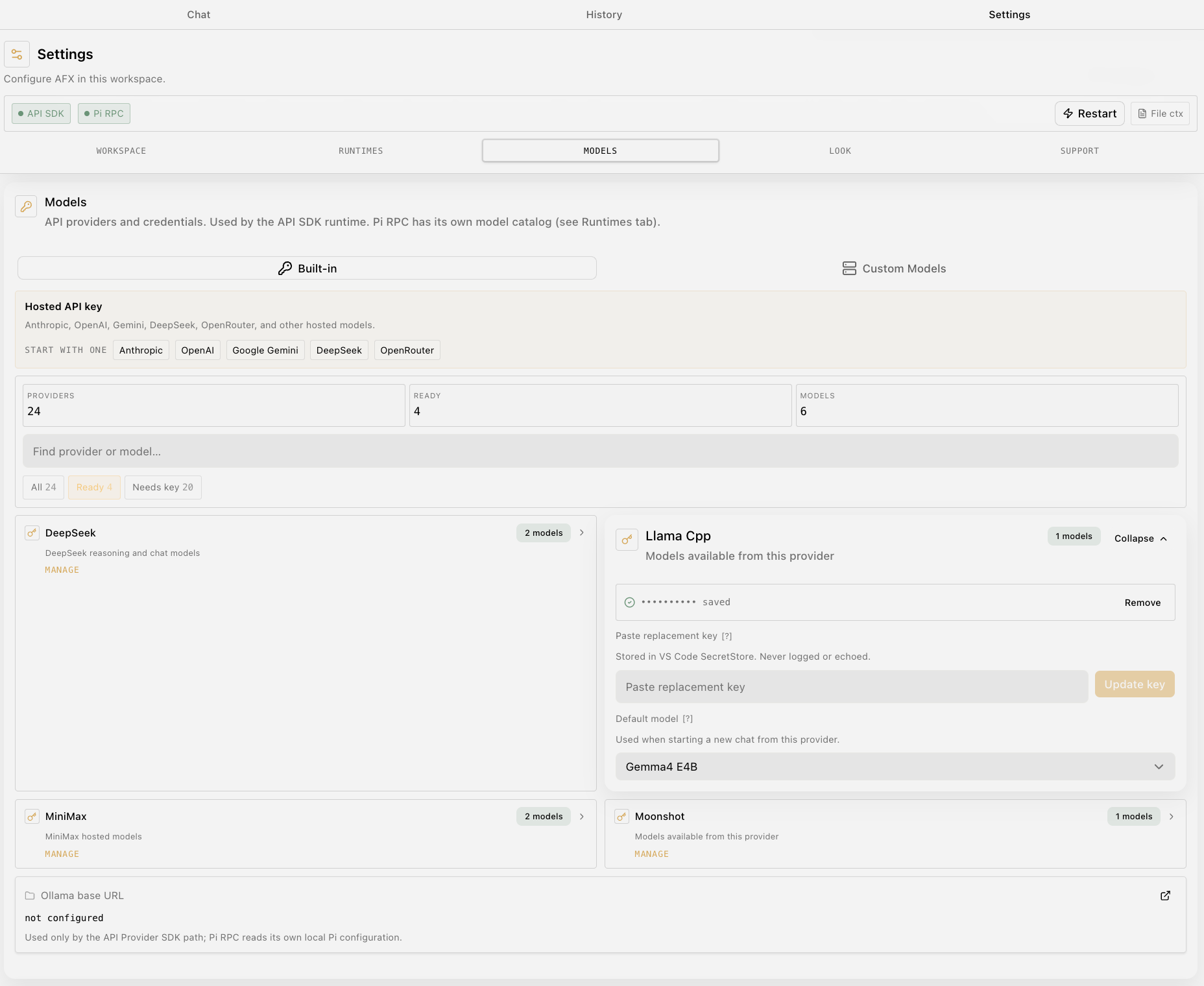 AgenticFlowX Settings showing local-compatible Llama Cpp model setup