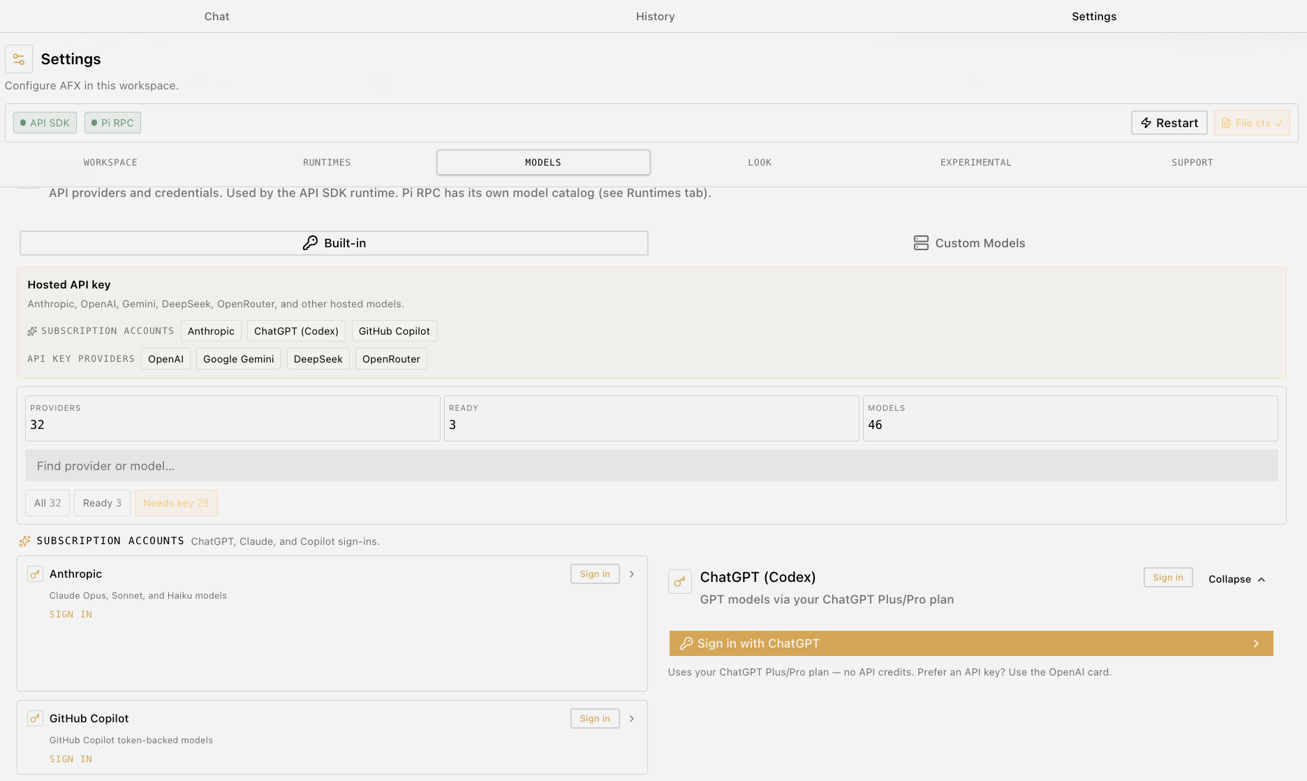 AgenticFlowX Settings showing subscription account sign-ins for Claude and Anthropic, ChatGPT Codex, and GitHub Copilot