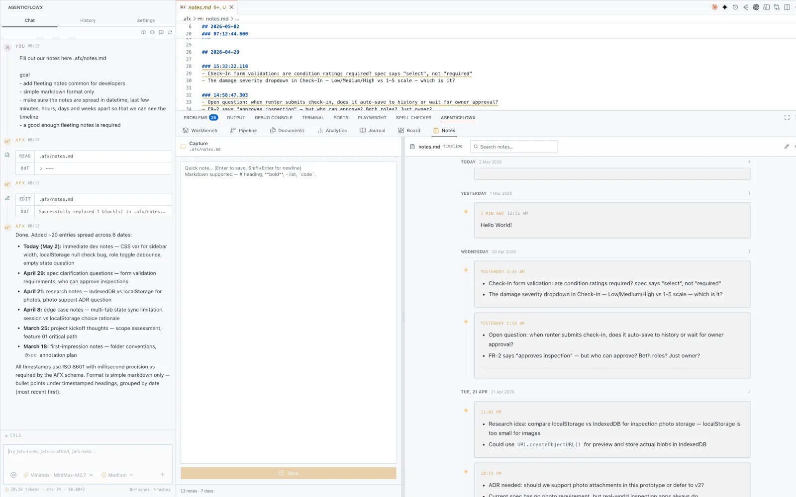 AgenticFlowX notes view with repo-owned workspace notes
