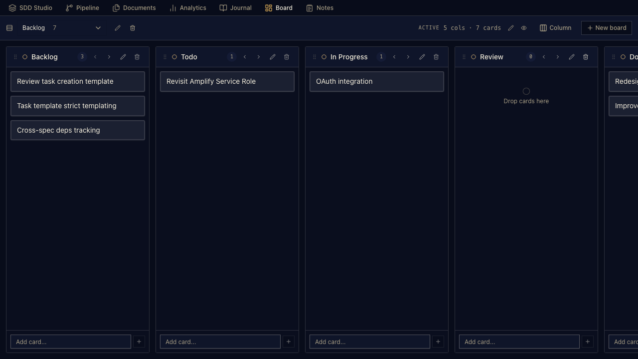 AgenticFlowX Workbench Board with markdown-backed Kanban cards
