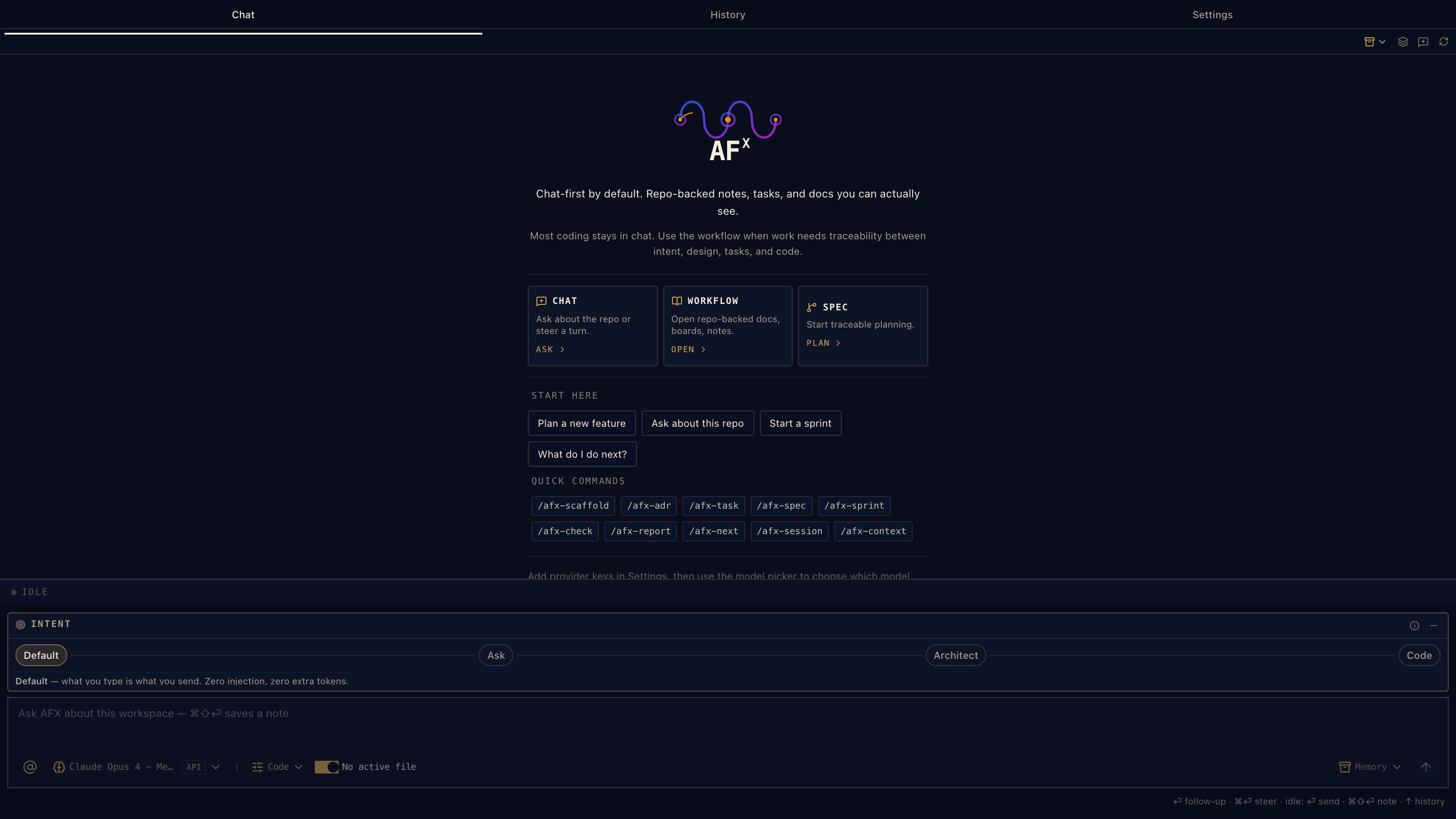 AgenticFlowX chat with model picker, modes, intent controls, and workspace context