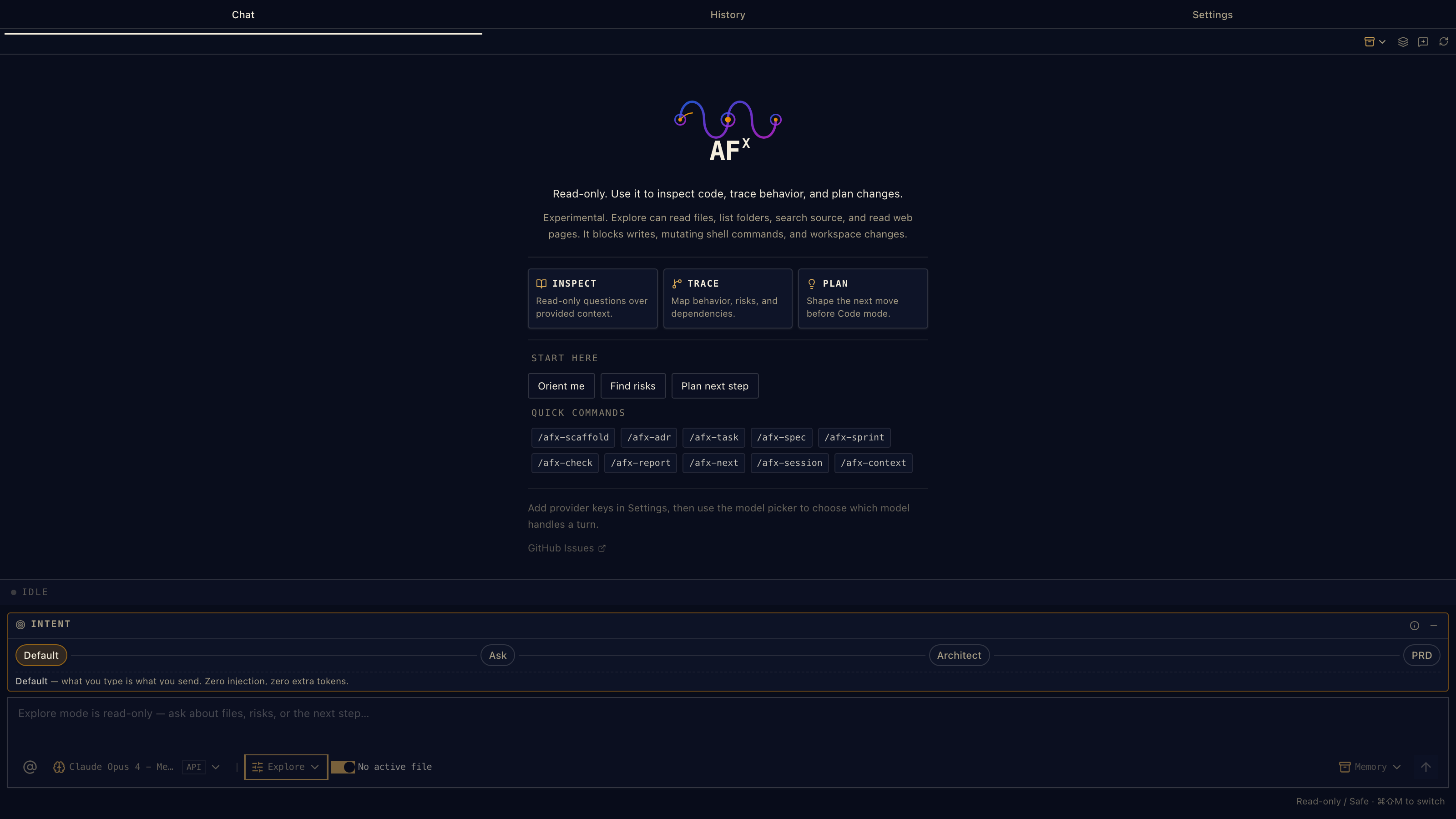 AgenticFlowX chat in Explore mode with read-only workspace investigation