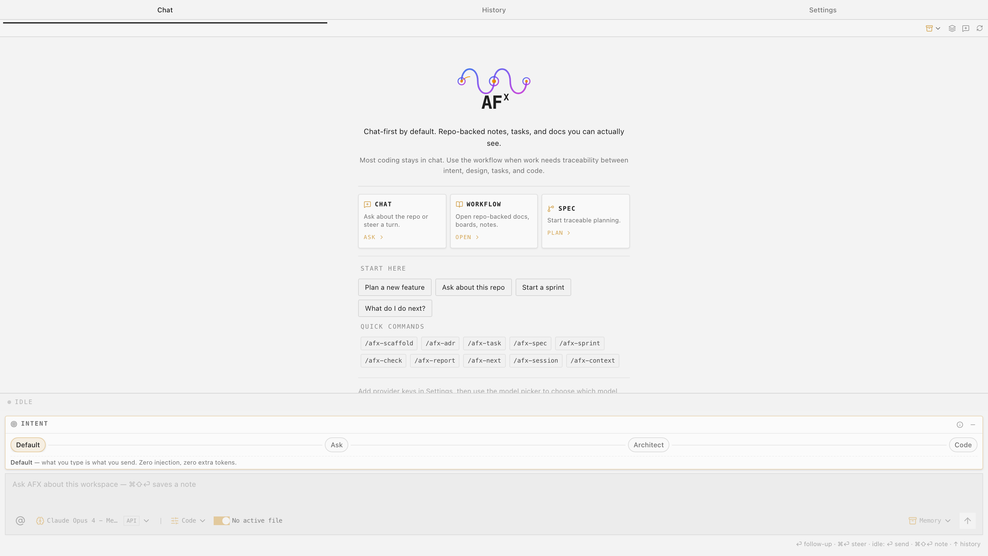The AFX chat welcome screen, annotated — Chat/Workflow/Spec cards, Start-here buttons, quick commands, and the intent selector