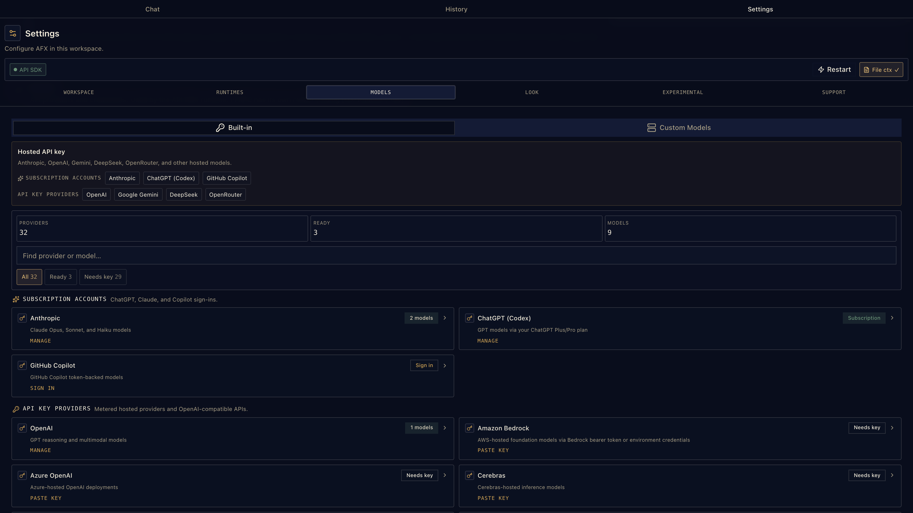 AFX provider settings with subscription, API key, and local runtime setup