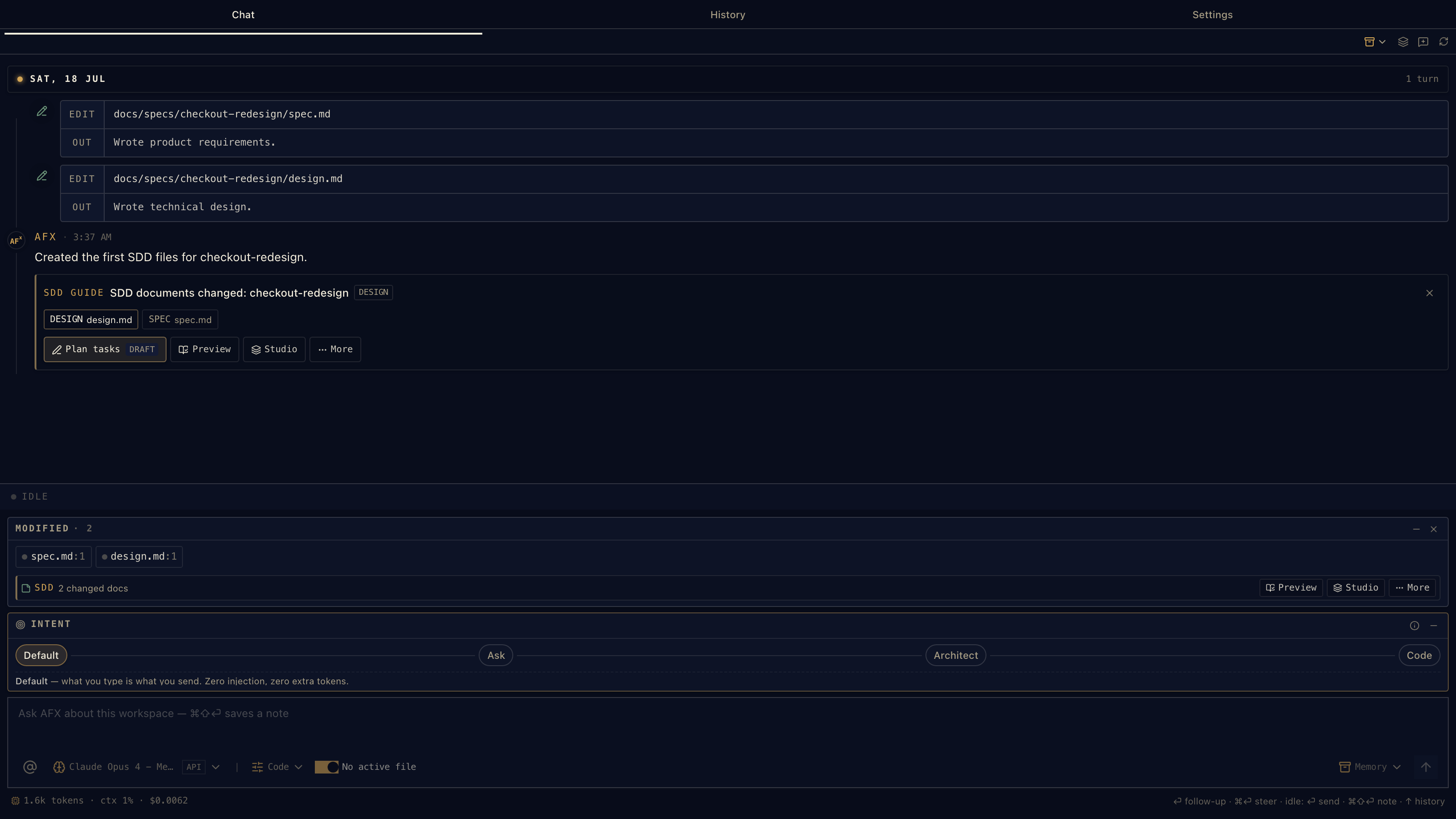 Spec mode with the SDD guide showing changed documents and next workflow actions