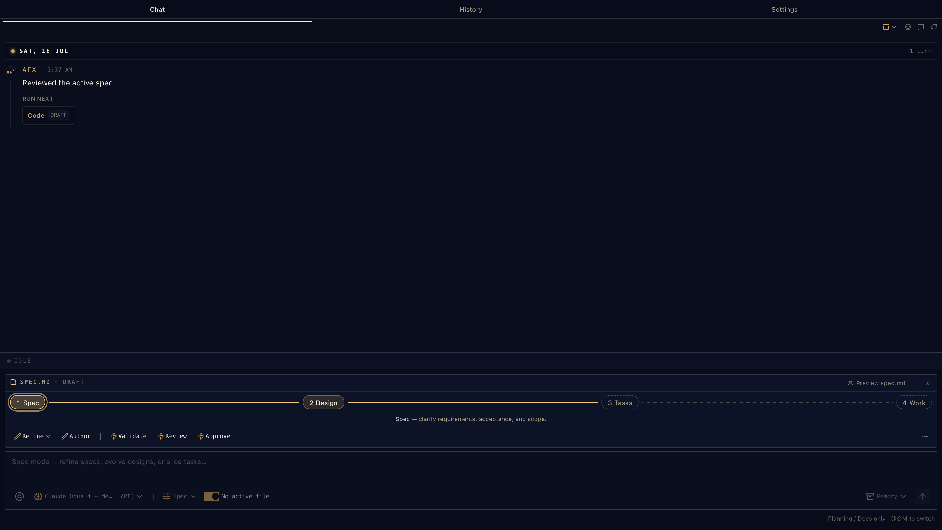 Spec mode: the Spec/Design/Tasks stepper above the composer