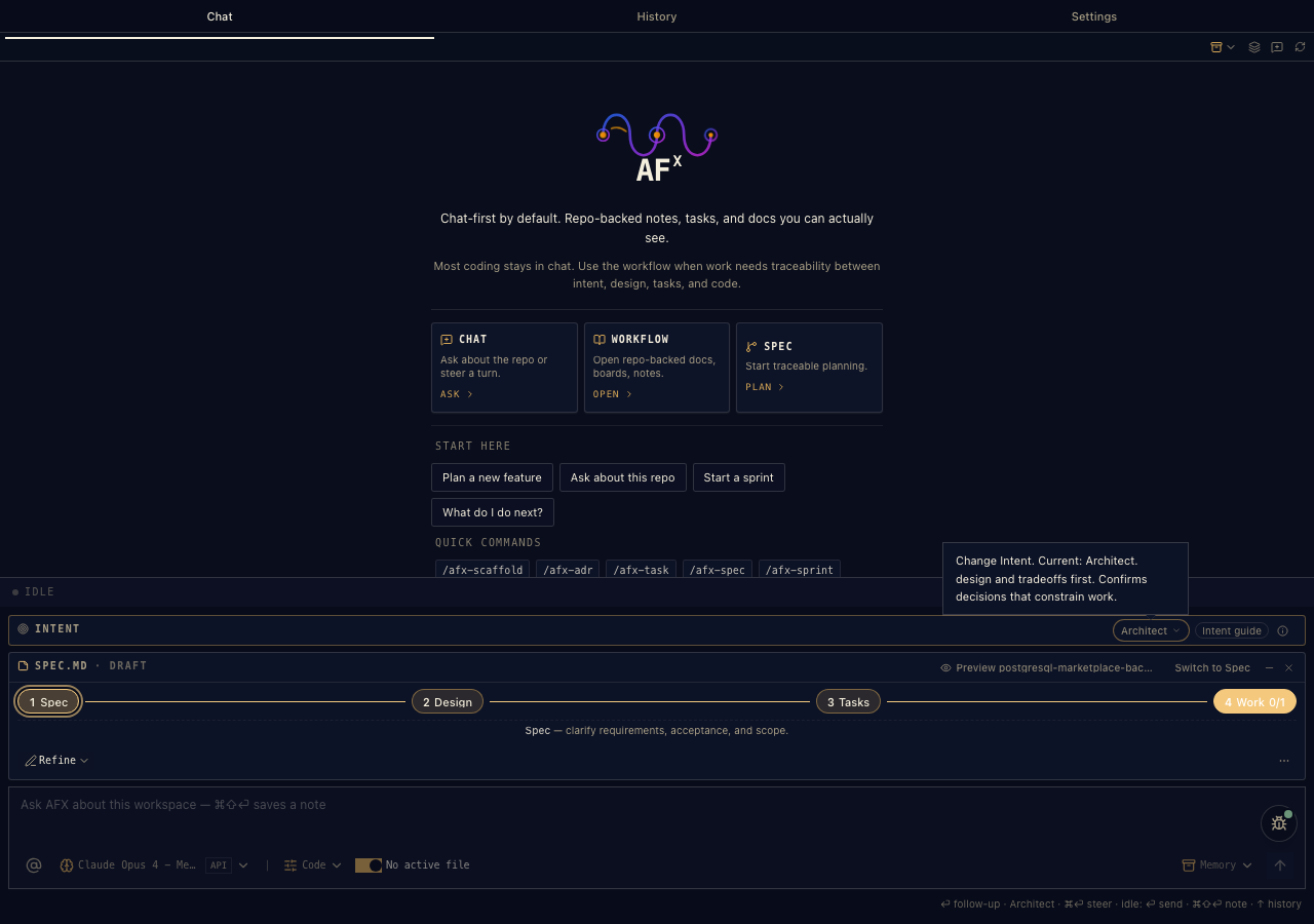 The compact doc-actions switcher listing commands for the selected AFX document