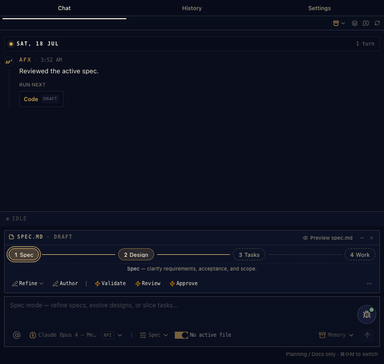 The real doc-actions surface annotated: the run-next suggestion, the four-step stepper, the live action strip, the preview link and the model picker