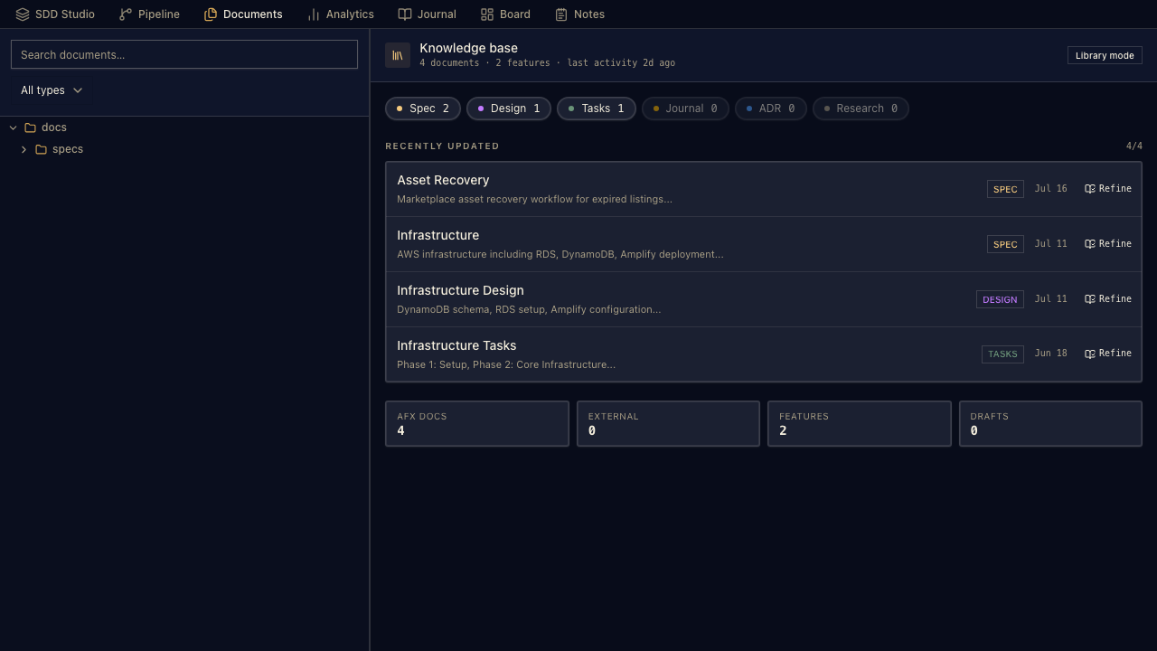 AgenticFlowX Workbench Documents view showing repo-backed specs and project files