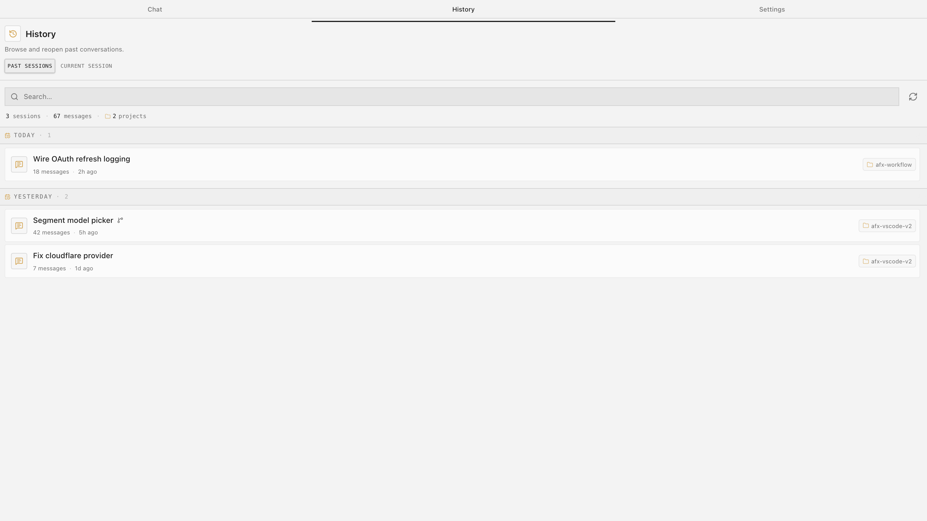 AgenticFlowX History with searchable sessions and copy recap controls