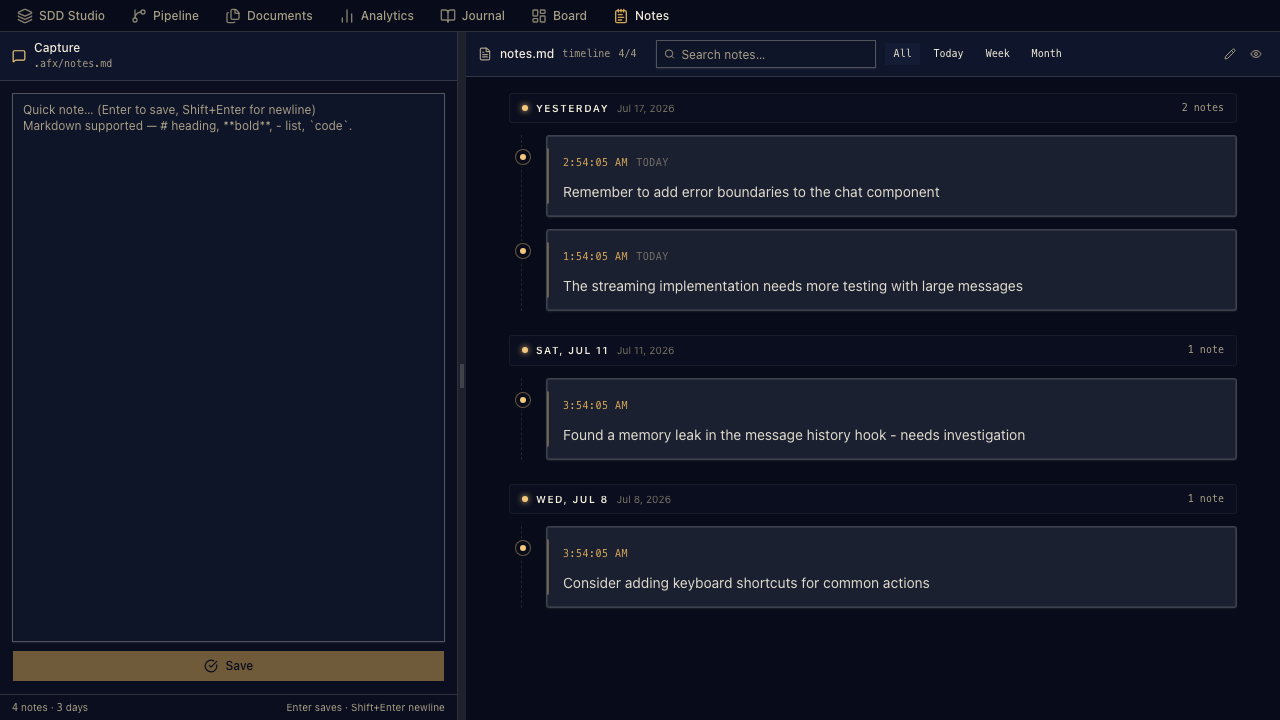 Workbench Notes: quick capture timeline