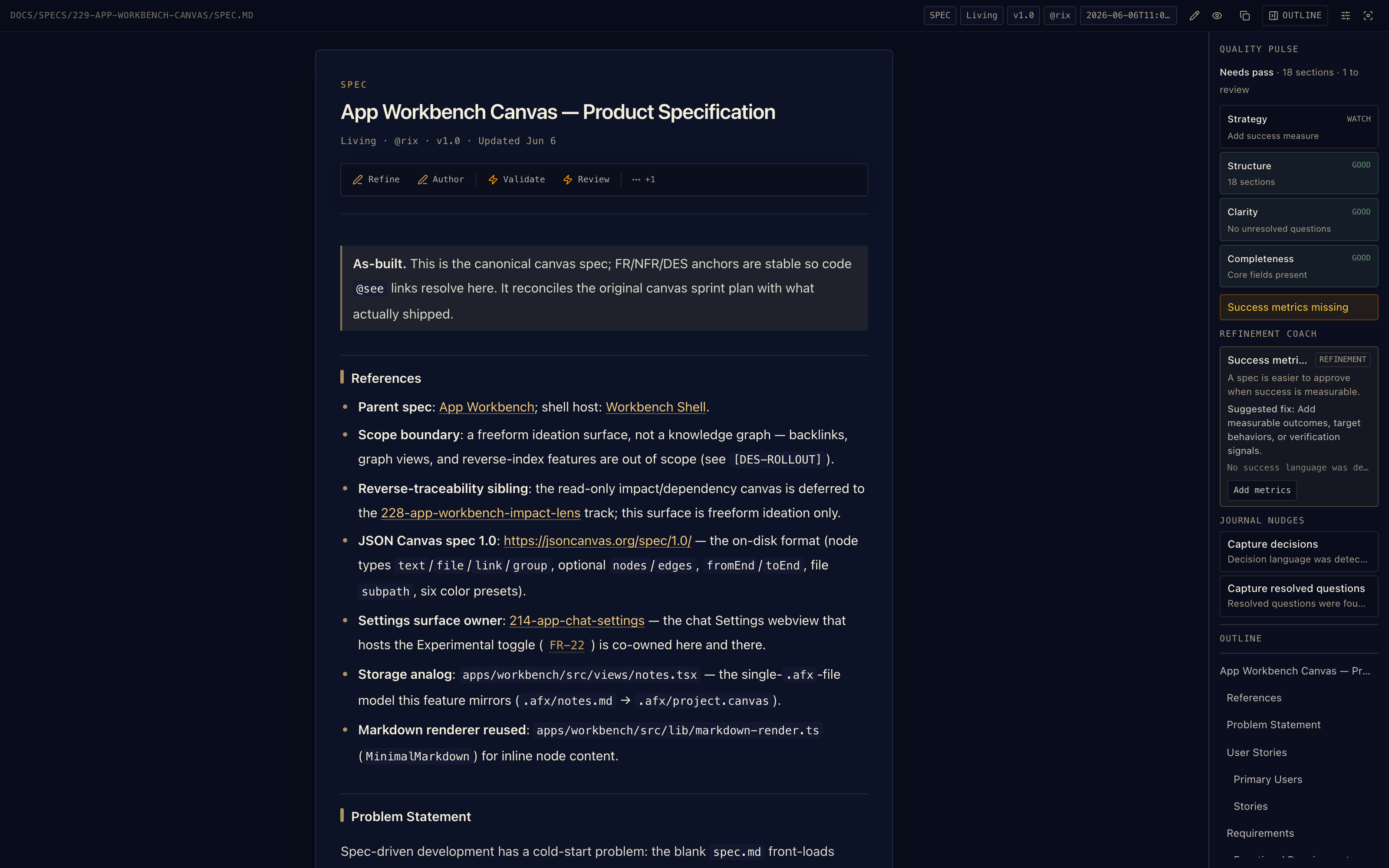 AFX Previewer rendering a spec with Quality Pulse and workflow actions