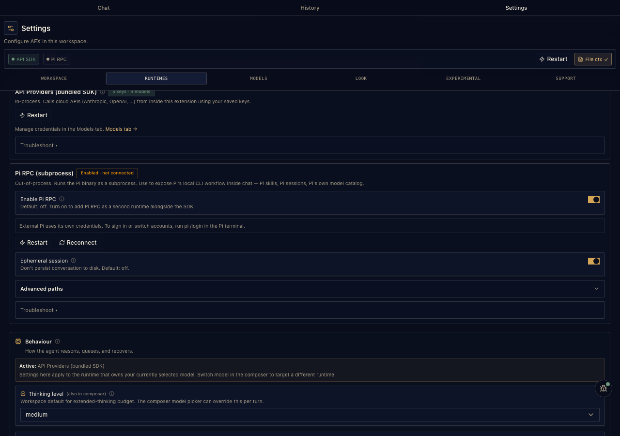 Local runtime settings with Ollama and Pi CLI login