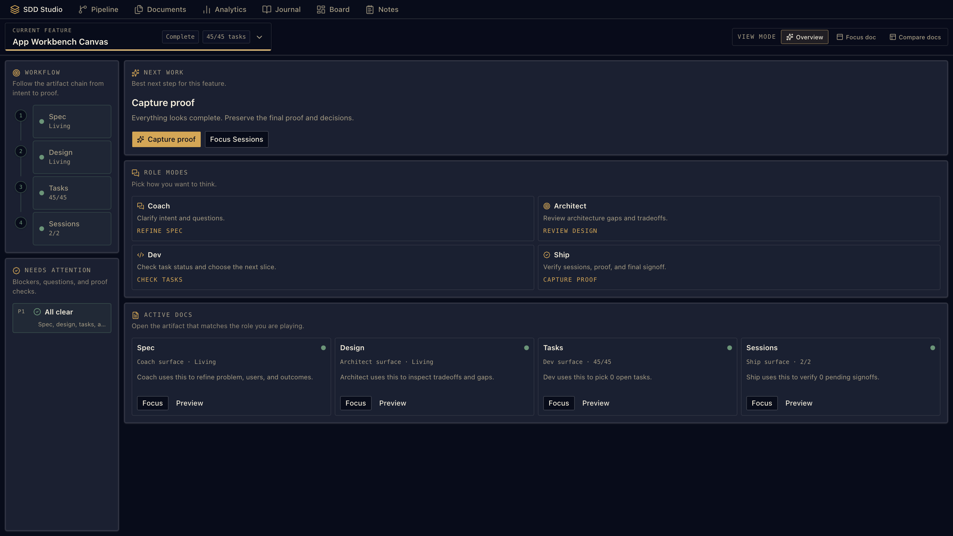 SDD Studio showing specs, designs, tasks, and session evidence