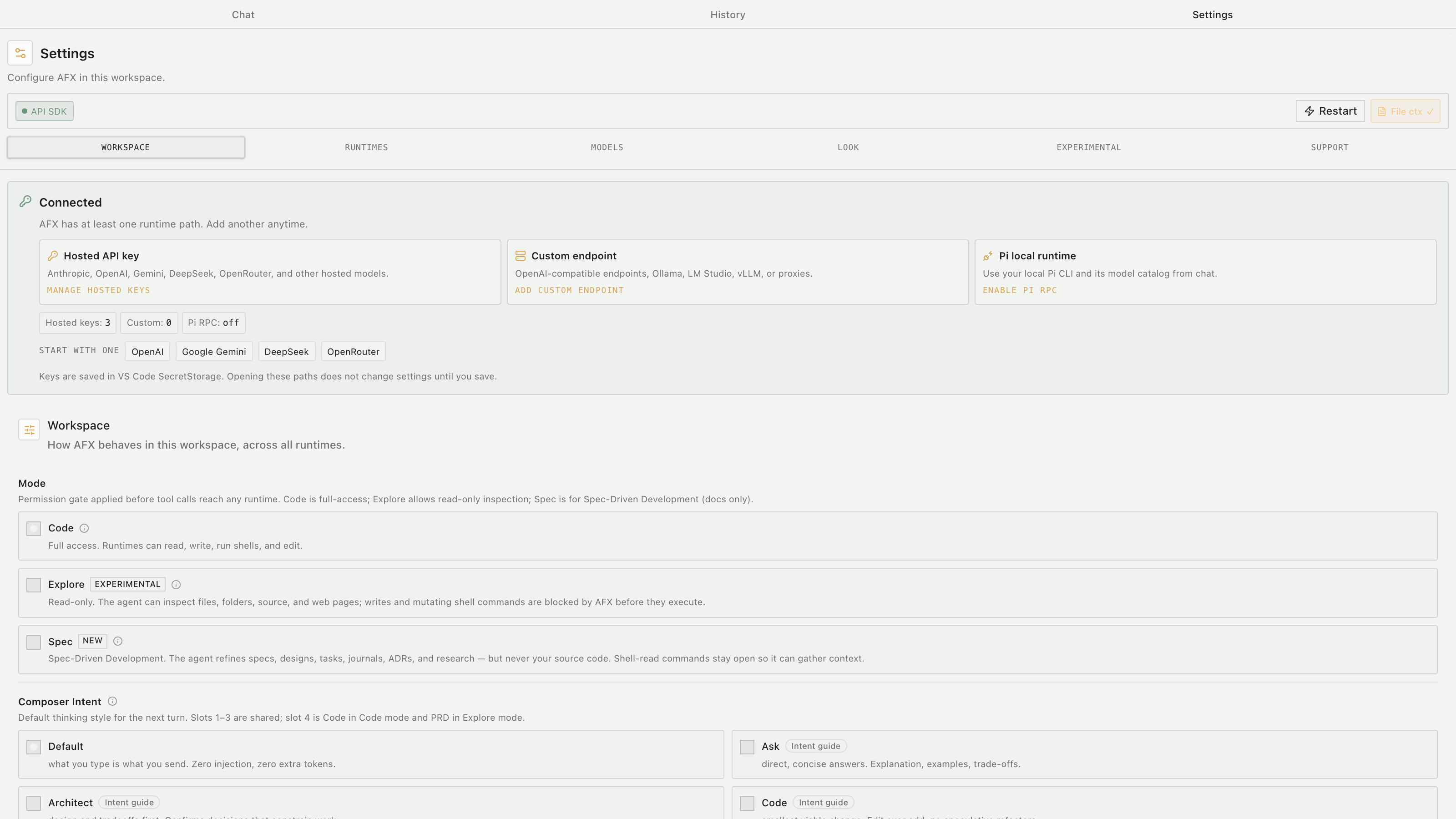 The AFX settings tab