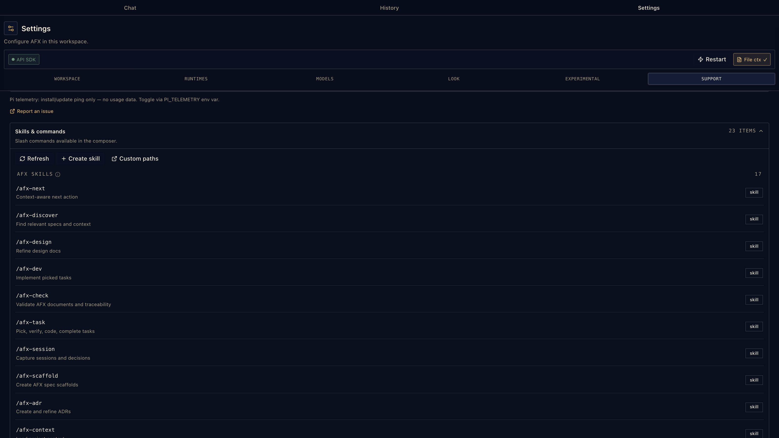 AFX settings showing bundled AgenticFlowX skills and externally discovered standard skills