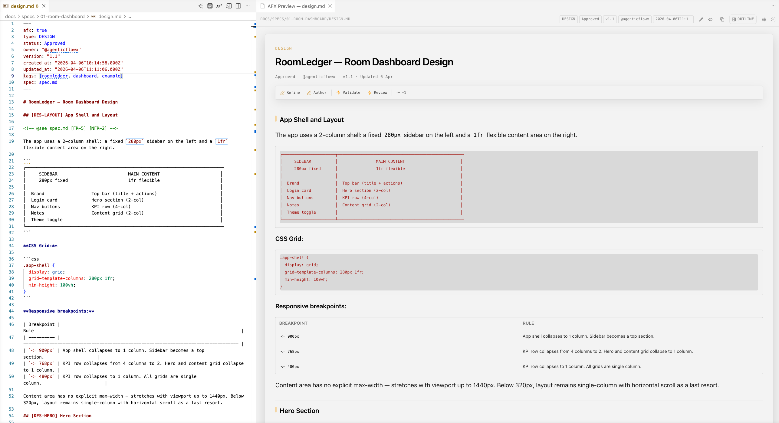 Raw markdown source beside the rendered AFX Viewer for a design document