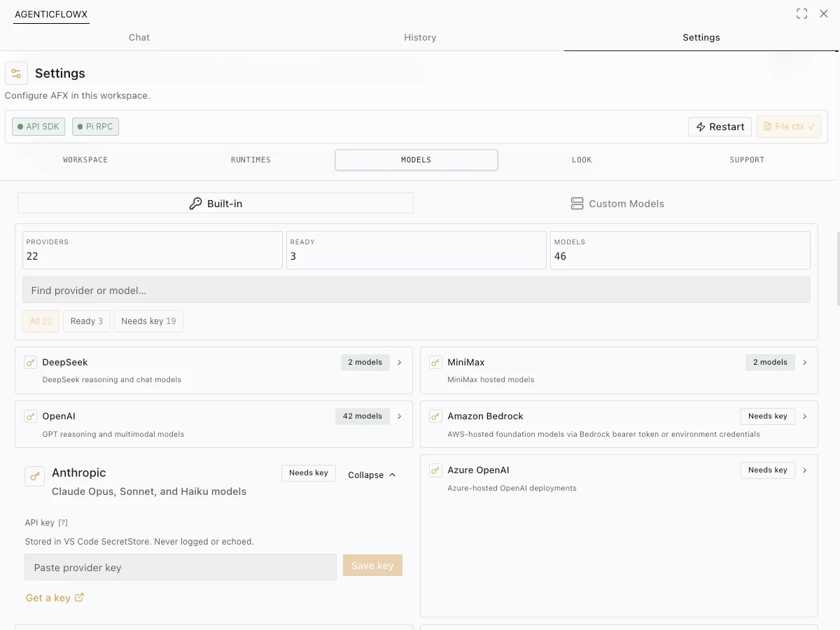 AgenticFlowX Settings — Models tab showing 22 providers, 3 ready, 46 models, with provider rows and an Anthropic API key field