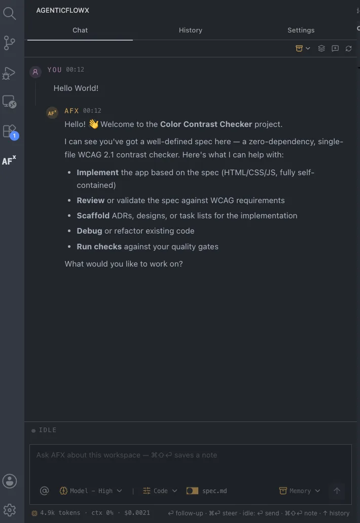 AgenticFlowX chat panel inside VS Code