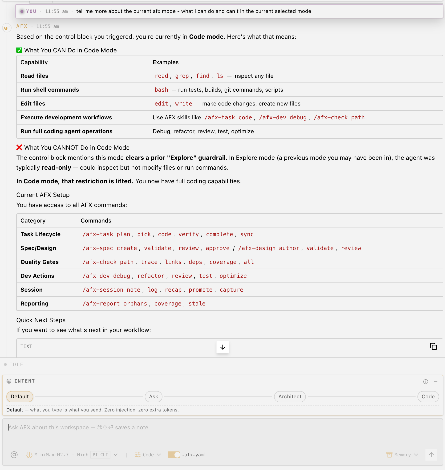AgenticFlowX Code mode showing capabilities, available commands, and the Code intent controls