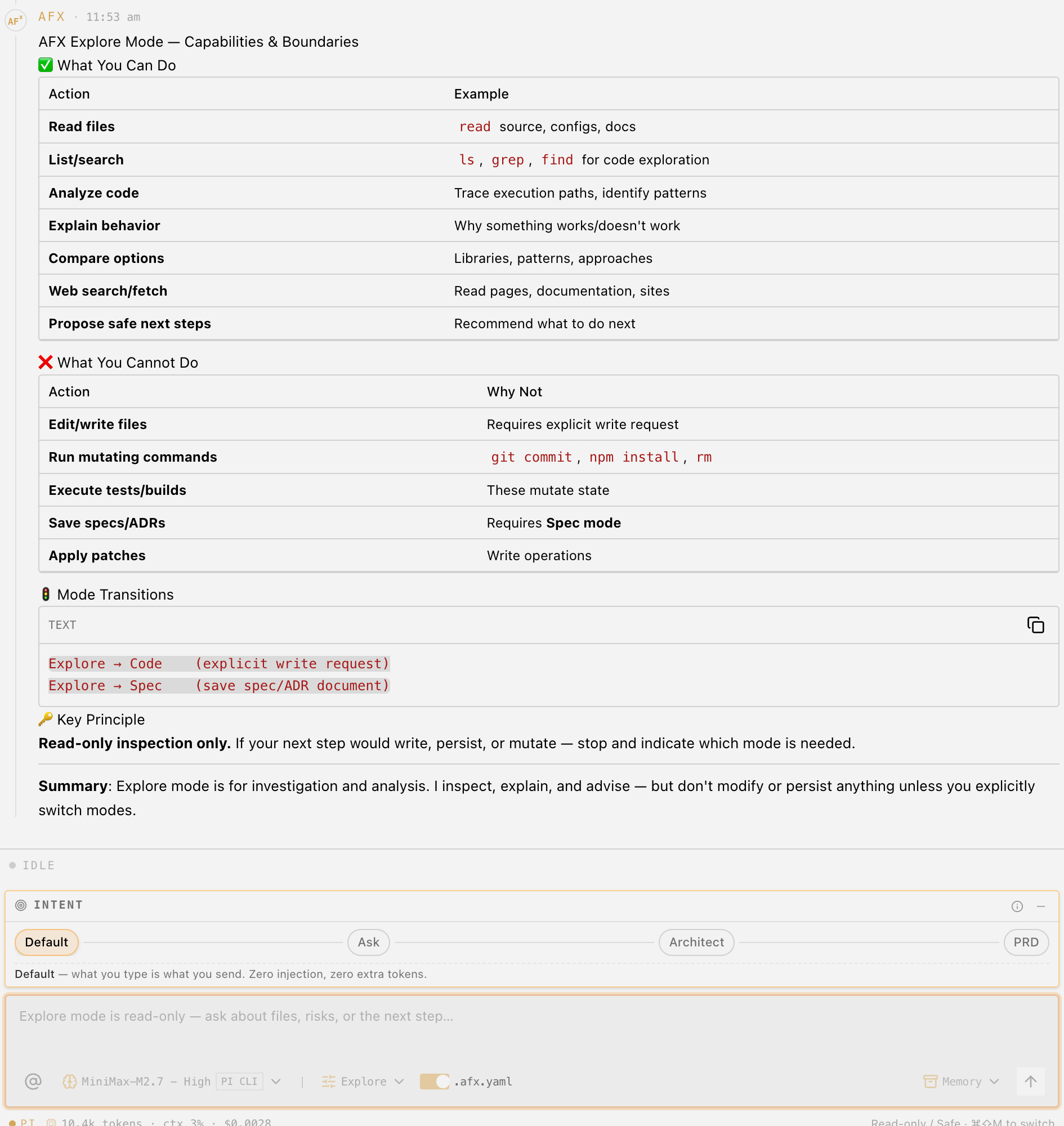 AgenticFlowX Explore mode showing read-only capabilities, boundaries, and PRD intent controls