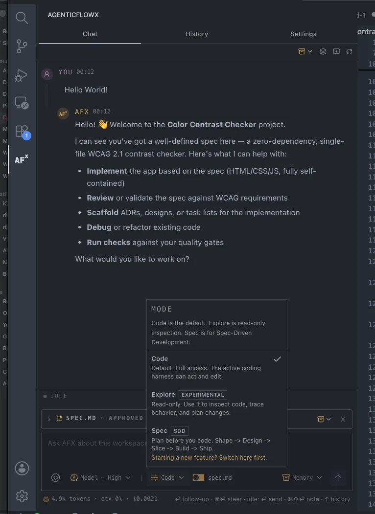 AgenticFlowX chat mode picker with Code, Explore, and Spec modes