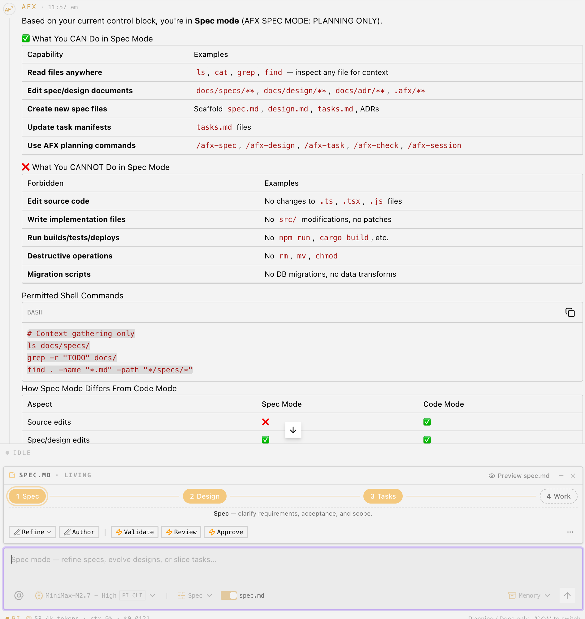 AgenticFlowX Spec mode showing planning boundaries, permitted spec commands, and the Spec workflow rail