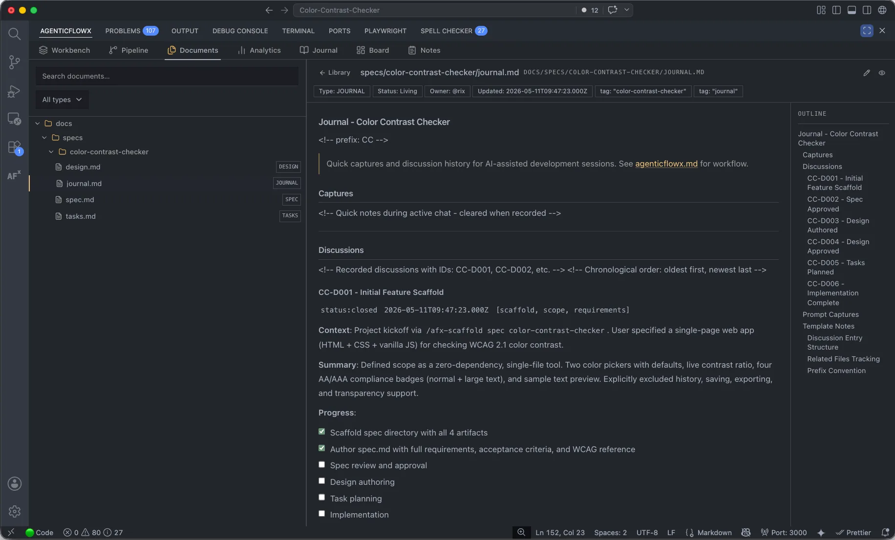 Spec, design, tasks, and journal markdown files in the VS Code explorer