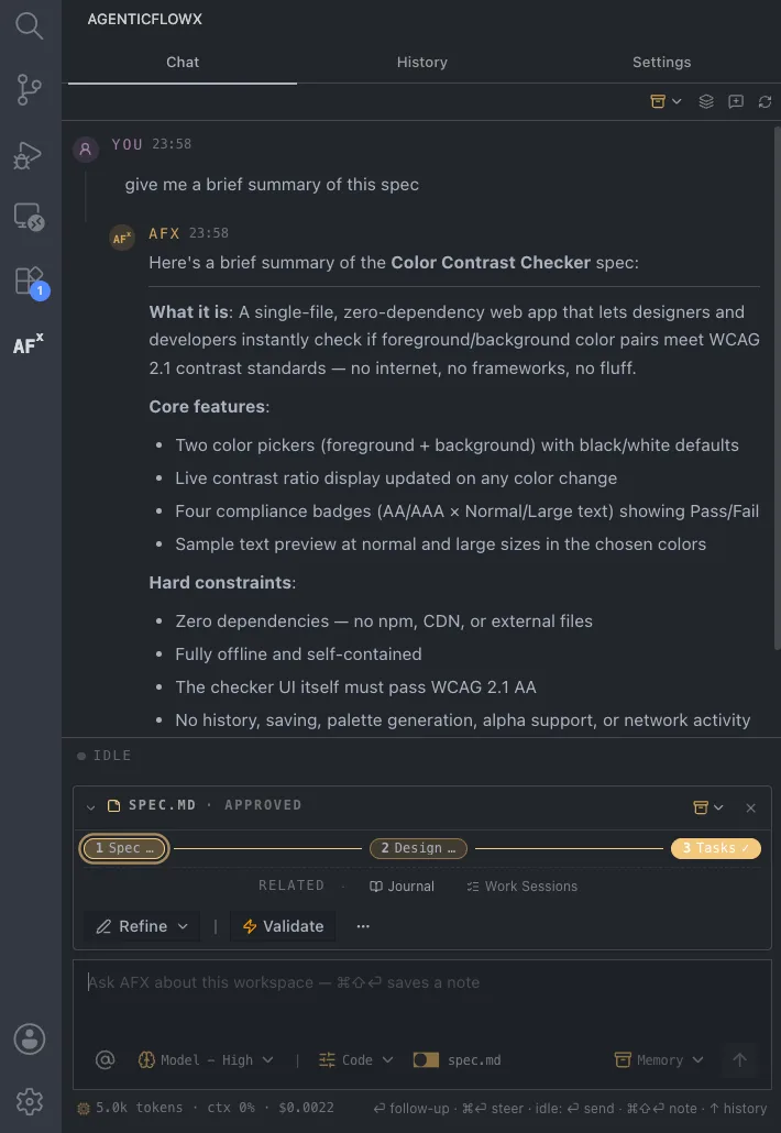 Spec mode action row for refining, authoring, validating, reviewing, and approving