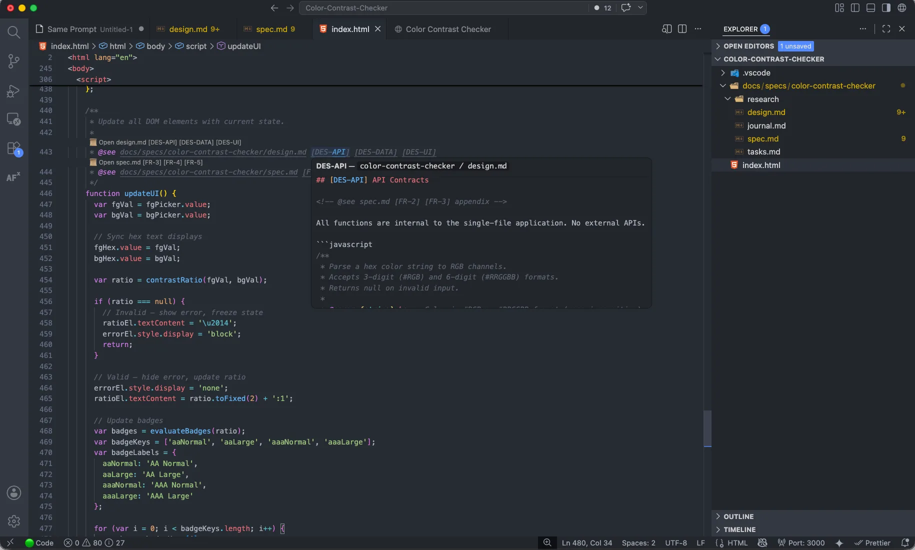 CodeLens traceability links from source code back to spec documents